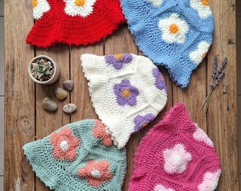Handmade Baby Daisy Bucket Hat, 100% Cotton Infant Sun Hat, Boho Toddler Summer Hat, Crochet Flower Baby Bonnet, Newborn Photo Prop,