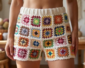 Handmade Granny Square Crochet Shorts, Colorful Boho Cotton Summer Shorts for Women, Retro Festival Clothing, Custom Size Crochet Bottoms