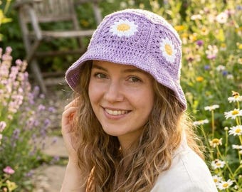 Daisy Crochet Bucket Hat, Purple Granny Square Sun Hat, Aesthetic Pastel Festival Hat, Handmade Cotton Flower Hat, Y2K Style