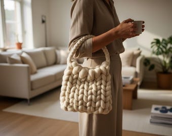 Chunky Knit Wool Tote Bag, Oversized Artisan Handcrafted Bag