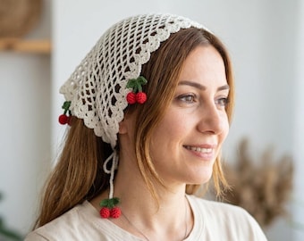 Crochet Cherry Bandana, White Mesh Head Kerchief with Red Cherries, Handmade Cottagecore Hair Accessory, Boho Summer Head Scarf