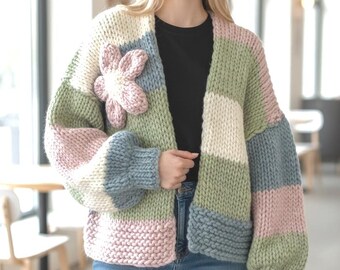 Chunky Knit Cardigan, 100% Wool Pastel Color Block Sweater, Boho Knit Jacket Flower Detail