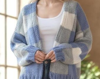 Hand-Knitted Merino Angora Cardigan, Oversized Blue Grey Sweater, Cozy Winter Knit