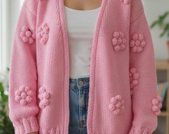 Pink Knit Cardigan – Oversized Handmade Chunky Wool Blend Sweater with Floral Pom Pom Detail – Chunky Knit Gift for Her
