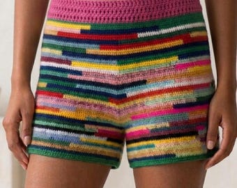 Handgemachte bunte häkeln Shorts, Boho Sommer Strand tragen, lebendige gestreifte gestrickte Mini Shorts, Festival Outfit, Festival Kleidung für Sie