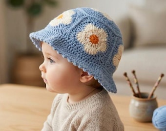 Handmade Baby Daisy Bucket Hat, 100% Cotton Infant Sun Hat, Boho Toddler Summer Hat, Crochet Flower Baby Bonnet, Newborn Photo Prop,