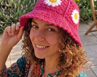 Daisy Crochet Bucket Hat,Hot Pink Floral Festival Hat,Handmade Boho Summer Sun Hat,Knit Granny Studio Pink Flower Hat,Granny Square Hat