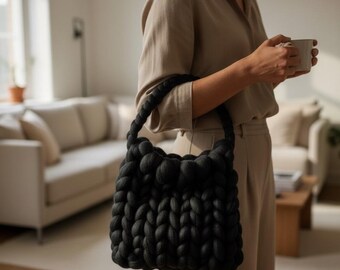 Chunky Knit Tote Bag, 100% Wool Shoulder Bag, Minimalist Scandinavian Purse