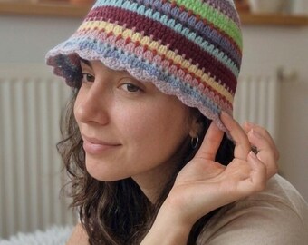 Handmade Unisex Crochet Bucket Hat, Colorful Striped Boho Sun Hat, Aesthetic Cotton Summer Festival Headwear, Vintage Gift for Anyone
