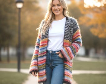 Handmade Fluffy Striped Cardigan: Oversized Cozy Knit Sweater for Women