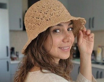 Raffia Hat Women, Crochet Straw Bucket Hat, Hand Woven Summer Sun Hat, Foldable Beach Hat, Handmade Raffia Sunhat, Custom Size Straw Hat