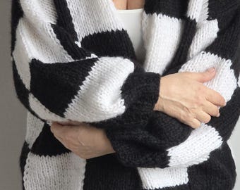 Chunky Checkerboard Cardigan: Hand-Knit Angora Mohair Sweater – Oversized Boho Jacket