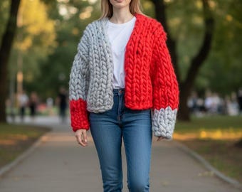Handmade Chunky Knit Cardigan, Oversized Acrylic Blend Sweater, Color Block Cozy Knit