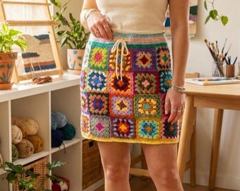 Handmade Crochet Granny Square Mini Skirt - Colorful Boho Hippie Skirt - Vintage Style Patchwork Knit Skirt - Custom Festival Outfit