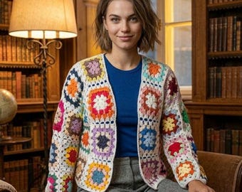 Crochet Granny Square Cardigan, Crochet Afghan Jacket, Handmade Colorful Patchwork Coat, Boho Cotton Knit Sweater, Aesthetic Knitwear M L