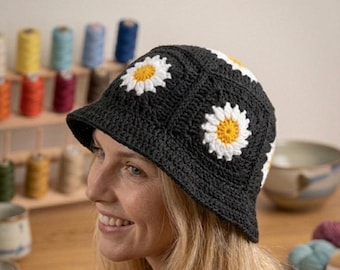 Black Daisy Crochet Bucket Hat, Handmade Flower Sun Hat, Boho Granny Square Hat, Knit Granny Studio Floral Festival Hat, Gift for Her,