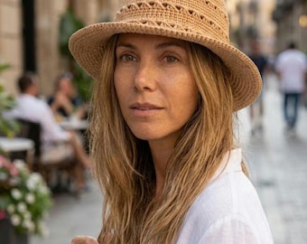 Handmade Raffia Sun Hat 59cm Large, Crochet Straw Bucket Hat for Women, Wide Brim Beach Hat 36cm, Woven Summer Headwear, Gift for Her