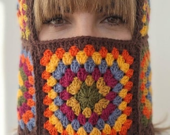 Handmade Cotton Granny Square Balaclava – Colorful Crochet Ski Mask, Boho Winter Hat,