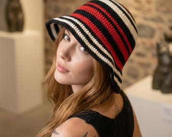 Crochet Bucket Hat, Retro Striped Women Hat, Red Black White Knit Hat, Boho Summer Sun Hat, Unique Gift for Her, Handmade Fisherman Cloche