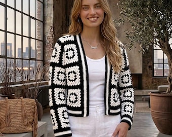 Hand Crocheted Cotton Granny Square Cardigan, Black White Boho Jacket