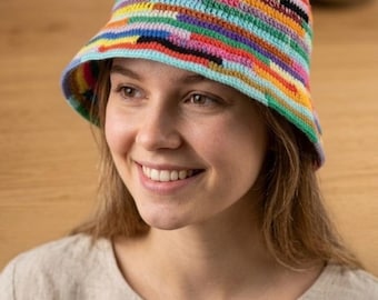 Colorful Crochet Bucket Hat,Scrappy Boho Sun Hat,Handmade Rainbow Festival Hat, Multi Color Hippie Accessory,Multicolor Stripe Crochet Hat