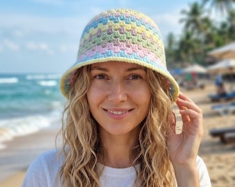 Pastel Crochet Bucket Hat, Colorful Granny Square Hat, Soft Rainbow Summer Hat, Handmade Cotton Boho Hat, Aesthetic Festival Headwear,