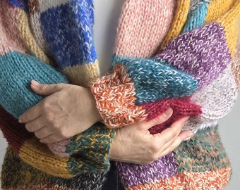 Chunky Patchwork Cardigan - Handmade Angora Mohair Sweater - Colorful Oversized Knit - Boho Soft Jacket