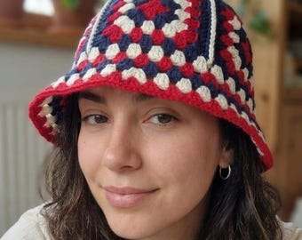 Handmade Cotton Granny Square Bucket Hat, Red White Blue Boho Summer Sun Hat,