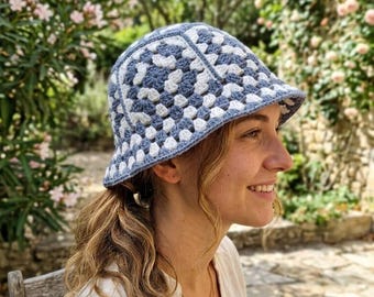 Handmade Crochet Bucket Hat for Women and Men, Denim Blue and Ecru Granny Square Sun Hat, Cotton Summer Festival Hat, Unisex Boho Beach Hat,