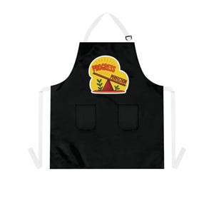 May include: Black apron with white straps and two front pockets. The apron features a colorful graphic with the words "Progress" and "Perfection" on a yellow background, along with a seesaw and plant illustrations.