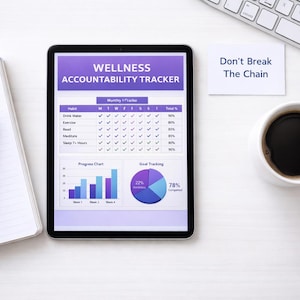 Puede incluir: Una tableta digital muestra un "Wellness Accountability Tracker" con gráficos y tablas de seguimiento de hábitos. Un bloc de notas, un bolígrafo, una taza de café y un teclado también están sobre la superficie blanca. Una nota dice "Don't Break The Chain."