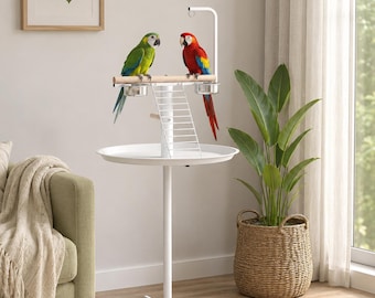 Rolling Bird Play Stand for Parrots with Wheels, Portable Bird Perch Gym, Cockatiel Feeding Station Tray Bowls, Parakeet Play Stand