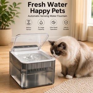May include: A clear and white automatic sensing water fountain for pets with the text "Fresh Water Happy Pets". The fountain has a 3L capacity and features a motion sensor. A fluffy cat with blue eyes is looking at the fountain.