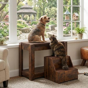 May include: A wooden pet step and bench set. The bench has a brown fabric top, and the step has two levels. A dog and a cat are sitting on the furniture, looking out a window at a garden.
