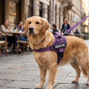 以下が含まれることがあります： 紫色の介助犬用ハーネスと、お揃いの紫色のリードを装着したゴールデンレトリバー。ハーネスの側面には、白い文字で「SERVICE DOG」とプリントされた黒い長方形のパッチが付いており、調節可能なストラップとバックルが備わっています。