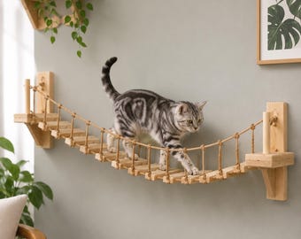 Wall Mounted Cat Bridge, Cat Wall Furniture, Wooden Cat Suspension Bridge, Cat Wall Shelf Climber, Indoor Cat Playground