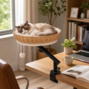 Rotating Cat Desk Bed Perch, Clamp-On Cat Hammock for Desk, Space Saving Cat Shelf, 360 Swivel Cat Bed, Rattan Cat Furniture, Office Cat Bed