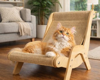 Cat Hammock Bed with Scratcher, Modern Wooden Sisal Cat Lounge Chair, Durable Cat Scratcher Furniture, Indoor Kitten Bed, Pet Rest Chair