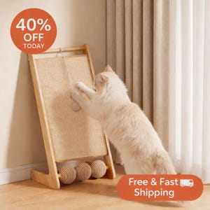 May include: A light-colored cat plays with a cat scratching post. The post is made of wood and woven material. The text "40% OFF TODAY" is in a red circle. The text "Free & Fast Shipping" is in an orange oval.