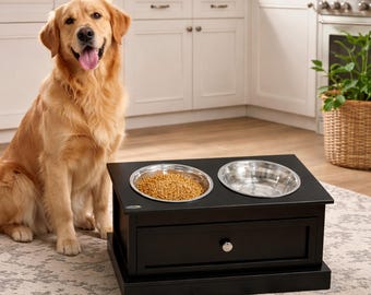 Elevated Dog Bowls with Storage Drawer for Dogs, Raised Dog Feeding Station with Stainless Steel Bowls, Pet Food Stand Organizer White Black