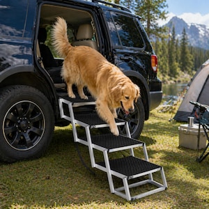 May include: A golden retriever dog descends a portable, folding pet ramp from a black SUV. The ramp has three steps with a black, textured surface and a silver frame. The scene is set outdoors near a lake and mountains.