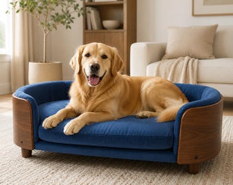 Dog Couch Bed, Luxury Elevated Dog Sofa, Scandinavian Wooden Pet Bed, Modern Walnut Dog Furniture, Washable Velvet Cushion