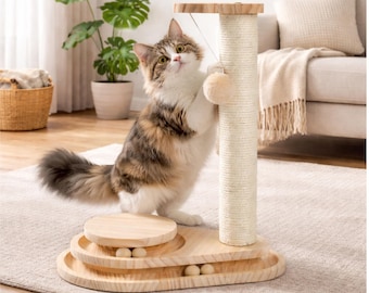 Cat Scratching Post with Ball Track Toy, Wooden Cat Activity Center,Interactive Cat Toy for Indoor Cats,Kitten Scratcher with Grooming Brush