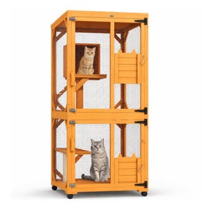 May include: A two-story wooden cat enclosure with a light orange finish, featuring wire mesh panels, black metal hinges, and small wheels. Inside, two levels provide platforms for cats, with a small wooden house and a ramp for climbing.
