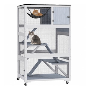 Large Outdoor Cat Enclosure on Wheels, Wooden Catio House with Hammock, Ramps & Roof, Multi-Level Cat Patio for 1-3 Cats