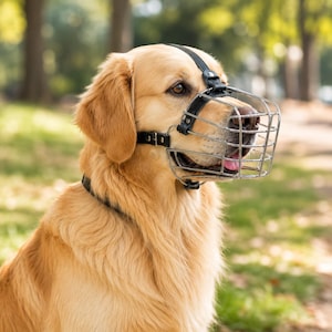 Könnte beinhalten: Ein goldfarbener Hund trägt einen Maulkorb aus Metalldraht mit schwarzen Lederriemen. Der Maulkorb verfügt über ein stabiles Käfigdesign, das die Schnauze umschließt und mit verstellbaren Lederbändern am Kopf sowie einem passenden Halsband befestigt ist.