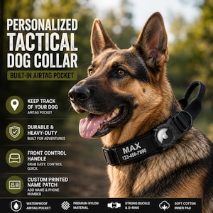 Personalized Tactical Dog Collar with AirTag Holder, Custom Name Patch Military Nylon Collar with Handle, Heavy Duty Large Dogs, Waterproof