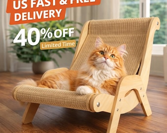 Cat Hammock Bed with Scratcher, Modern Wooden Sisal Cat Lounge Chair, Durable Cat Scratcher Furniture, Indoor Kitten Bed, Pet Rest Chair