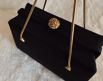 1950s H.L. U.S.A. Black Satin Evening Clutch | Jeweled Frame & Original Satin Pouch