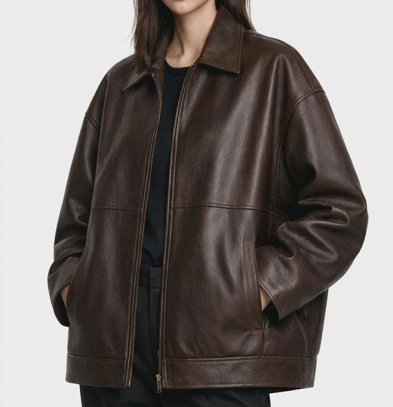 Women Genuine Leather Jacket Oversized Leather Jacket Vintage Biker Jacket Brown Leather Coat Trendy Streetwear Gift for Her